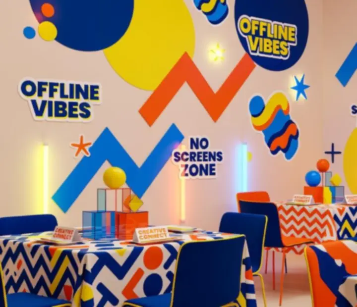 Dekoracje eventowe w stylu Neo‑Memphis z kolorowymi kształtami geometrycznymi