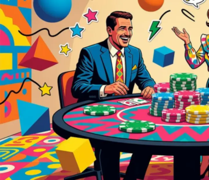 Kolorowa scenografia pokerowego programu eventowego Novastrellivo z żetonami i kartami na stołach.
