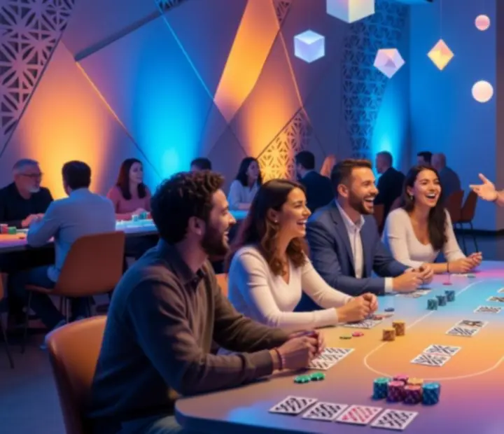 Przykładowa realizacja pokerowego wieczoru z kolorowymi stołami i uśmiechniętymi uczestnikami.