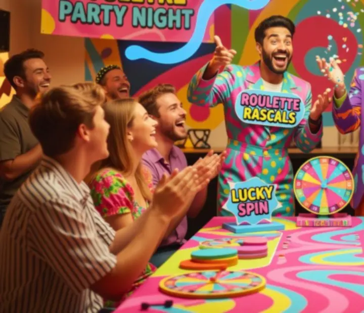 Animatorzy prowadzący ruletkowe stoły w pop‑artowej aranżacji