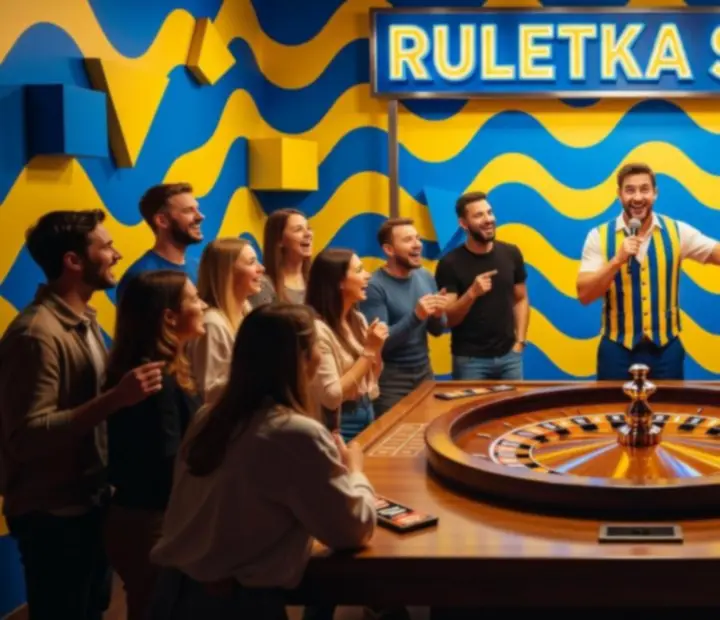 Ruletkowe stanowisko z kolorowym kołem i żetonami