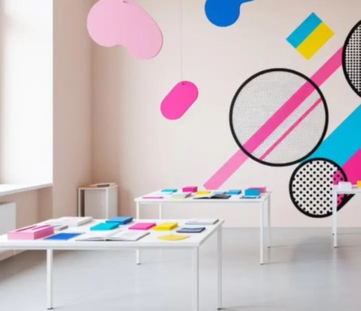 Kolorowe studio Novastrellivo w stylistyce Neo-Memphis z geometrycznymi kształtami i żywymi kolorami